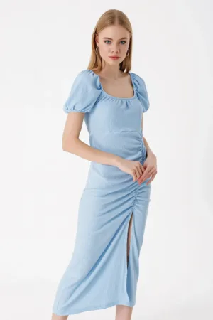 Rochie midi tricotata dama HiCCUP - decolteu patrat - poliester/lycra - albastru