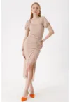 Rochie midi tricotata dama  decolteu patrat - poliester/lycra - bej