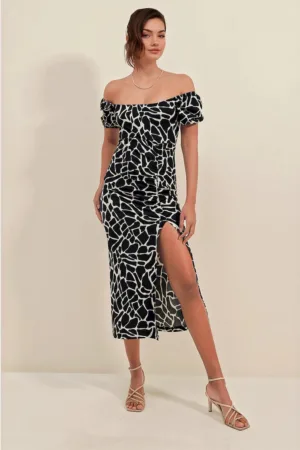 Rochie midi tricotata dama HiCCUP - decolteu patrat - poliester/lycra - negru/alb