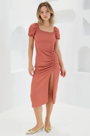 Rochie midi tricotata dama HiCCUP - decolteu patrat - poliester/lycra - rosu