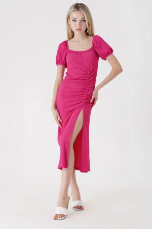 Rochie midi tricotata dama HiCCUP - decolteu patrat - poliester/lycra - roz