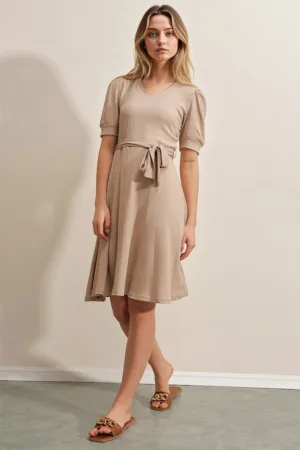 Rochie midi - HiCCUP - tricotata - decolteu in V - bej - jerseu