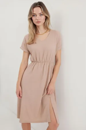 Rochie midi tricotata  decolteu in V - crapatura - bej - poliester-lycra