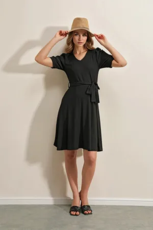 Rochie midi - HiCCUP - tricotata - decolteu in V - funda - negru - jerseu