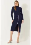 Rochie midi -  tricotata - guler inalt - bleumarin - tricot -