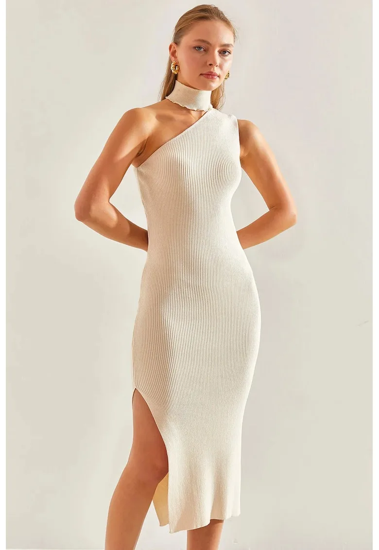 Rochie midi tricotata  guler inalt - decupaje elegante - Alb - tricot -