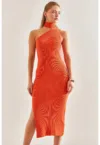 Rochie midi tricotata  guler inalt - decupaje elegante - portocalie - viscoza -