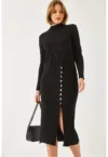 Rochie midi -  tricotata - guler inalt - negru -