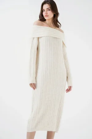 Rochie midi tricotata supradimensionata  guler Madonna - ecru - amestec acrilic - poliester si lana -