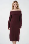 Rochie midi tricotata supradimensionata  guler Madonna - tricot - Rosu Burgund -