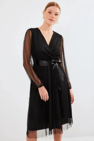 Rochie midi tul  decolteu in V - negru - poliester