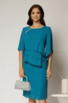 Rochie midi turcoaz de ocazie cu croi drept si perle la decolteu
