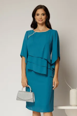 Rochie midi turcoaz de ocazie cu croi drept si perle la decolteu