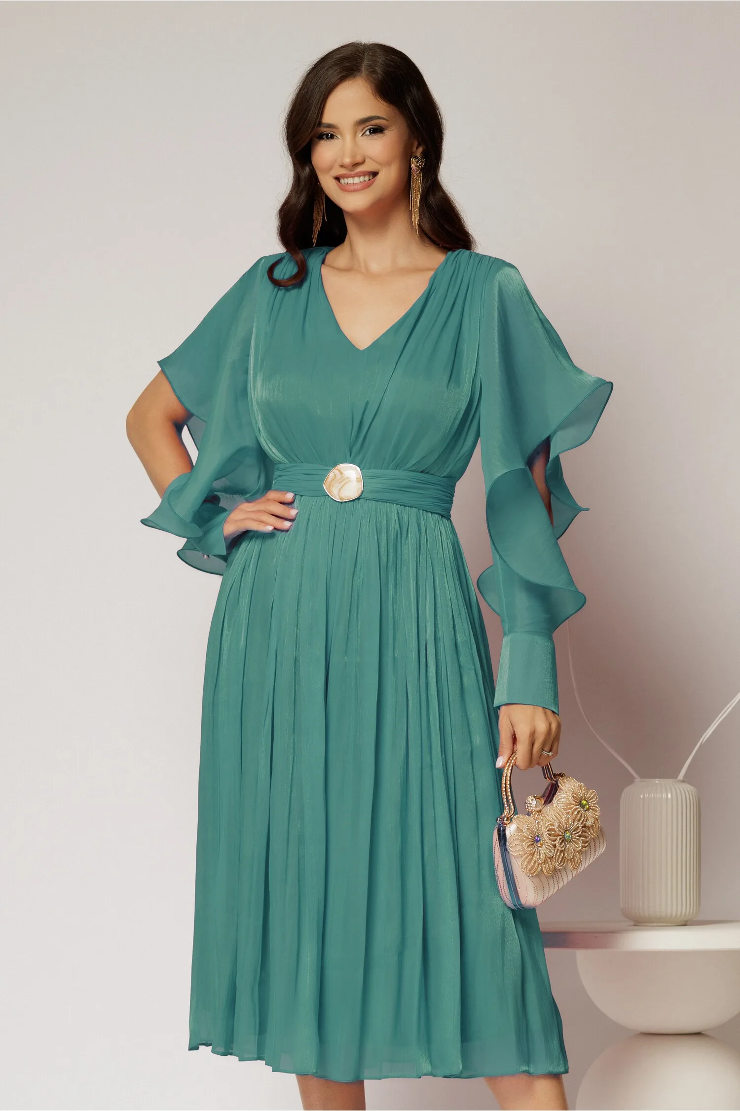 Rochie midi turcoaz de ocazie din voal peliculizat cu cordon detasabil