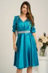 Rochie midi turcoaz din tafta in clos cu cordon in talie- Ella Collection Aria