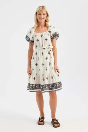 Rochie midi -  umeri goi - imprimeu - bej - textil