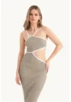 Rochie midi -  un umar - decupaj lateral - bej - tricot