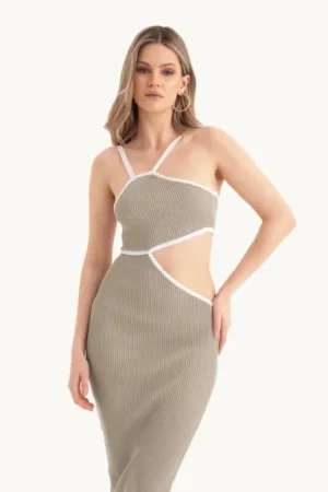 Rochie midi -  un umar - decupaj lateral - bej - tricot