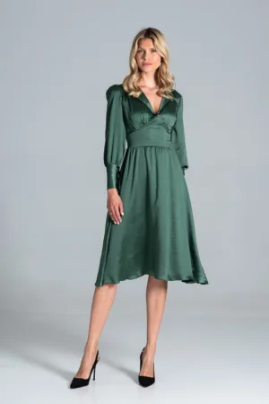 Rochie midi verde - Poliester - maneca lunga - croi evazat