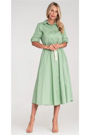 Rochie midi verde - bumbac - cu aplicatii si curea impletita -