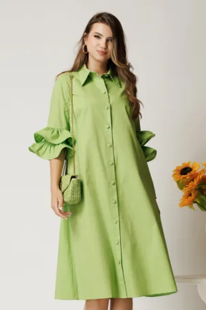 Rochie midi verde crud din bumbac tip camasa cu croi A