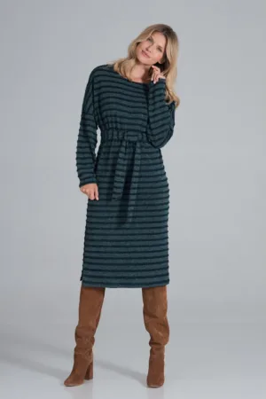 Rochie midi verde cu dungi - tricotata - maneci lungi - poliester -