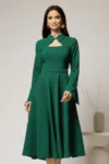 Rochie midi verde cu guler tip camasa si decupaj la decolteu