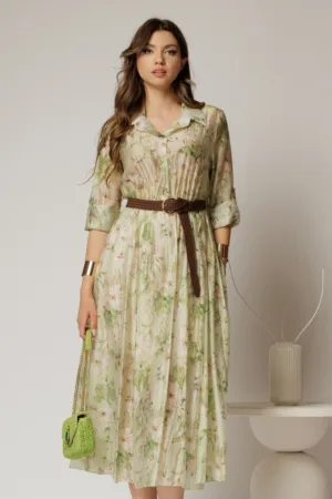 Rochie midi verde cu imprimeuri din tencel