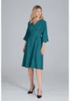 Rochie midi  verde - cu nasturi - maneci 3/4 - poliester -