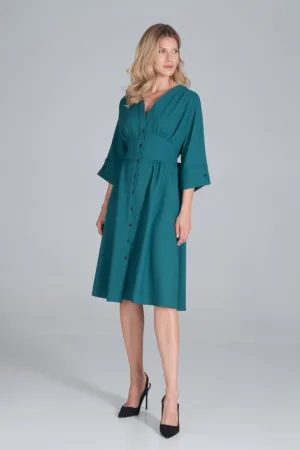 Rochie midi verde - cu nasturi - maneci 3/4 - poliester -