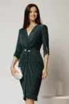 Rochie midi verde de ocazie cu fir lurex si perla in talie