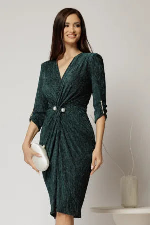 Rochie midi verde de ocazie cu fir lurex si perla in talie