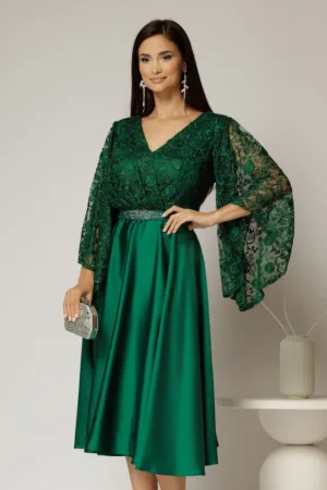 Rochie midi verde de ocazie din satin si dantela
