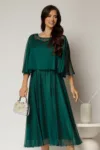 Rochie midi verde de ocazie din voal cu aplicatii la decolteu