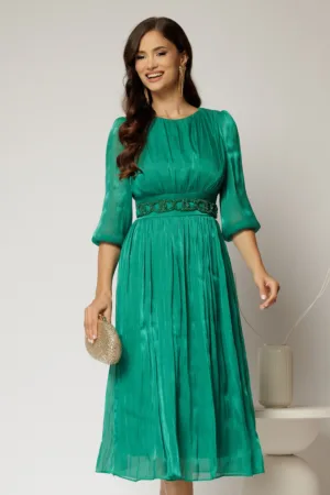 Rochie midi verde de ocazie din voal peliculizat cu cordon detasabil