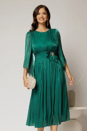 Rochie midi verde de ocazie din voal peliculizat cu perle pe talie