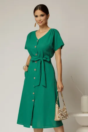 Rochie midi verde de zi din in tip camasa cu manecile scurte