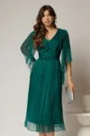 Rochie midi verde din matase clos si decolteu V