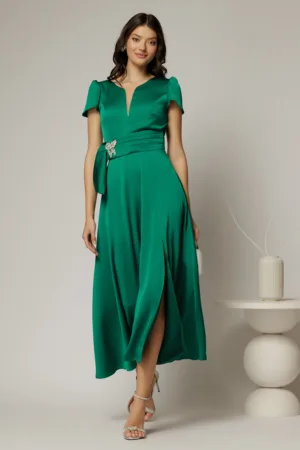 Rochie midi verde din satin cu aplicatie in talie si decolteu adanc