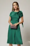 Rochie midi verde din satin cu funda pe umar si fusta clos