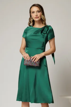 Rochie midi verde din satin cu funda pe umar si fusta clos