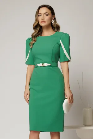 Rochie midi verde din stofa cu croi conic si detalii ivory la maneci