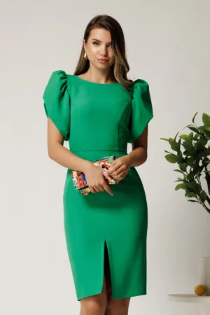 Rochie midi verde din stofa cu croi conic si maneci tip lalea