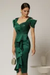 Rochie midi verde din tafta cu paiete si volanas pe fusta