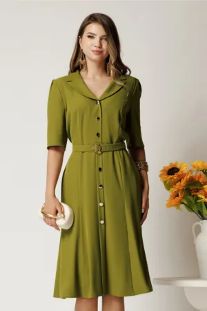 Rochie midi verde din triplu voal cu nasturi si cordon
