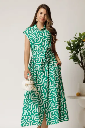 Rochie midi verde din viscoza cu imprimeu alb si cordon