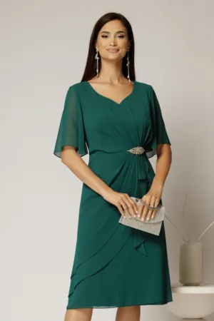 Rochie midi verde din voal cu accesoriu in talie