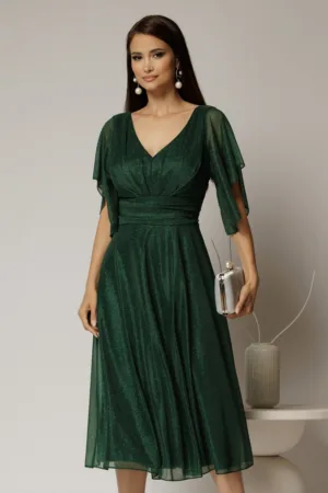 Rochie midi verde din voal cu sclipici si decolteu in V