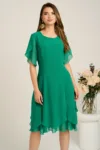 Rochie midi verde din voal in clin cu volane la baza