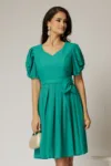 Rochie midi verde din voal sidefat si cordon detasabil
